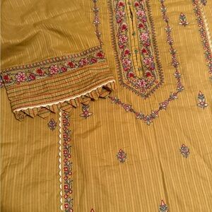 Embroidered Mustard Green Shalwar Qameez